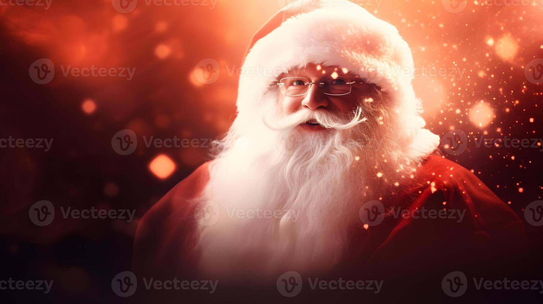 AI generated Santa Claus face closeup with defocused glitter bokeh background, neural network generated image photo