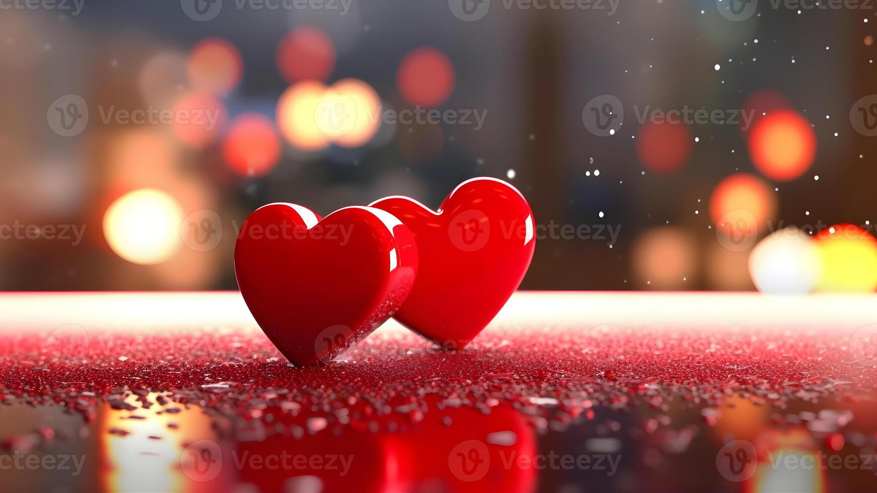 AI generated Saint Valentine day greeting card background with two red hearts against festive bokeh, neural network generated photorealistic image photo
