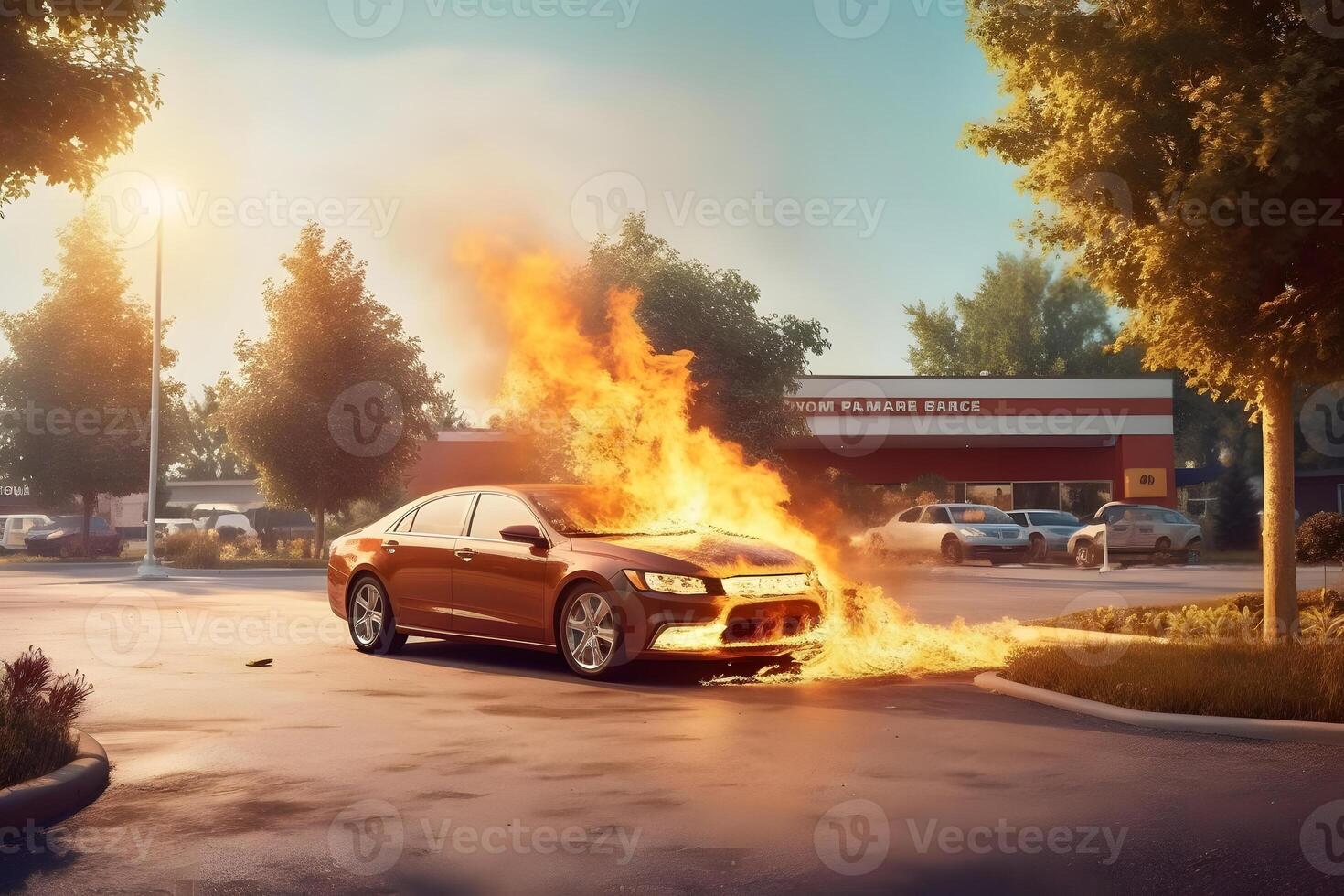 ai generado un coche es en fuego en un estacionamiento lote a verano día, neural red generado imagen foto