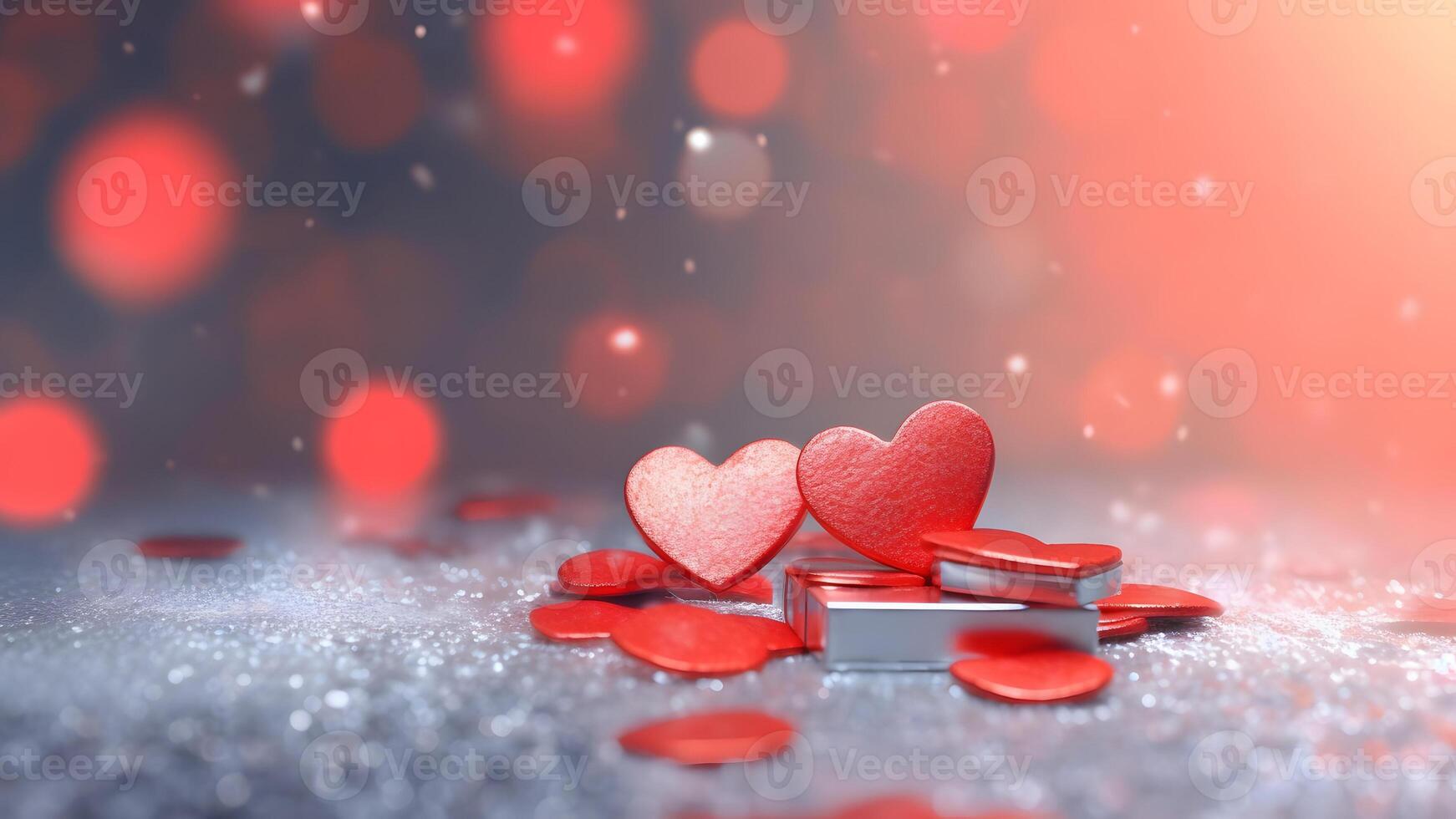 ai generado Santo enamorado día saludo tarjeta antecedentes con dos rojo corazones en contra festivo Bokeh, neural red generado fotorrealista imagen foto