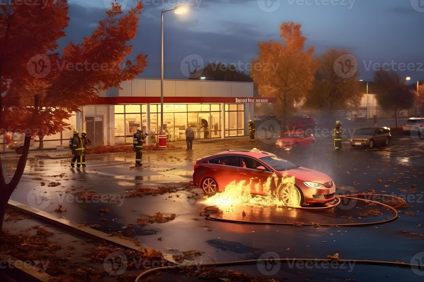 AI generated A car is on fire in a parking lot at autumn day, neural network generated image photo