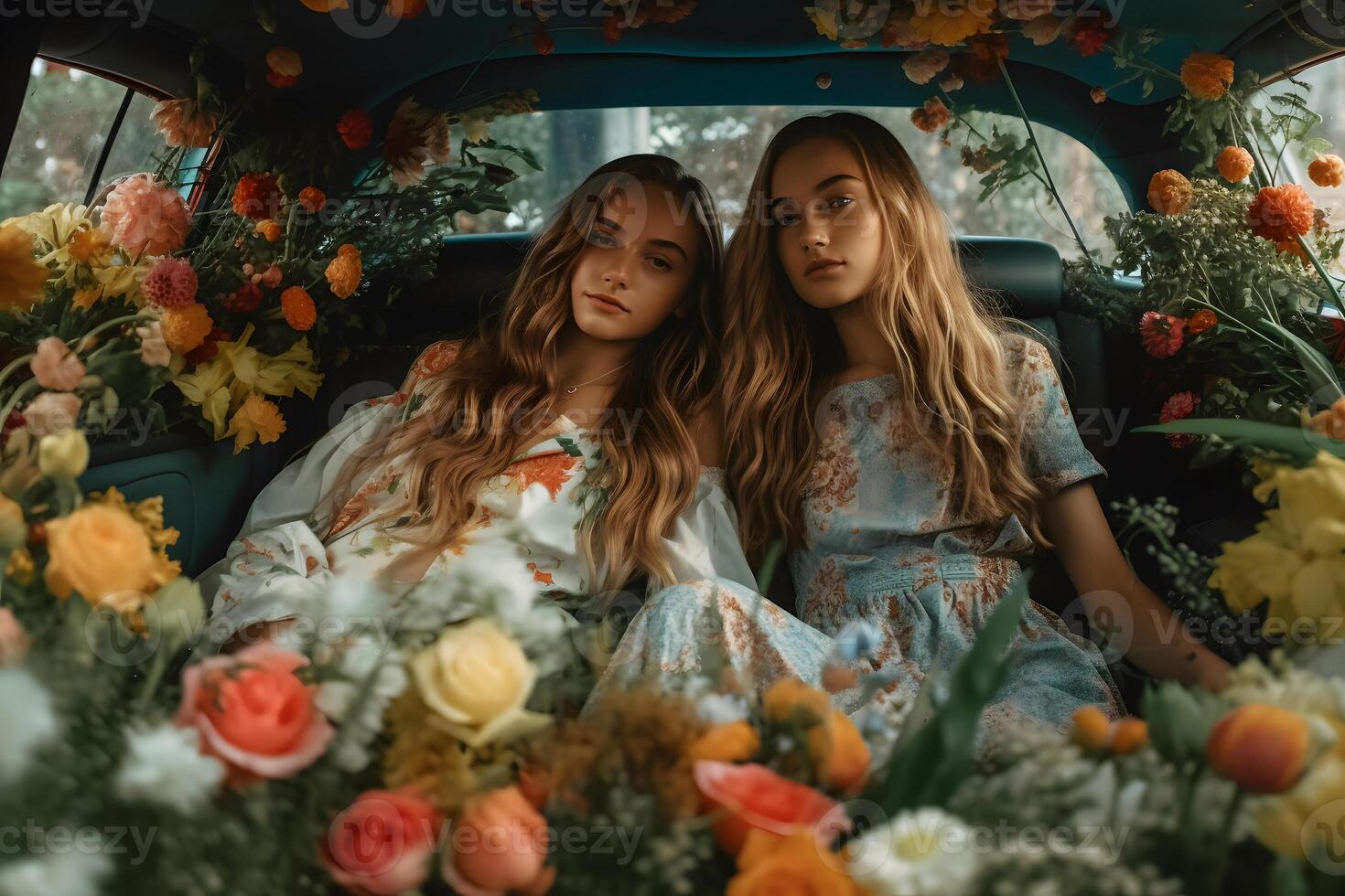 ai generado dos atractivo rubia caucásico joven adulto mujer en espalda asiento de costoso coche rodeado con flores, neural red generado fotorrealista imagen foto