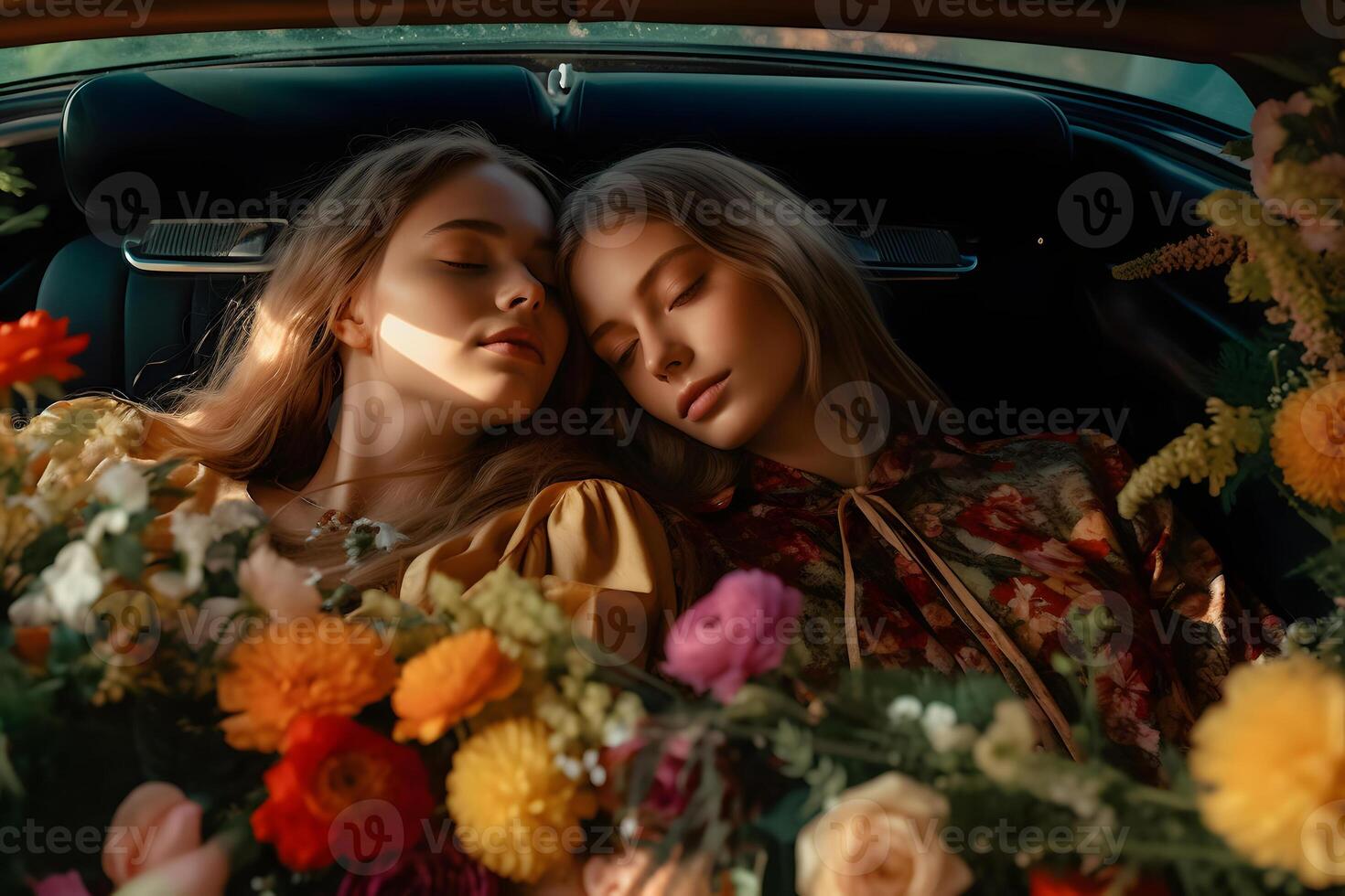 AI generated two attractive blonde caucasian young adult women on back seat of expensive car surrounded with flowers, neural network generated photorealistic image photo