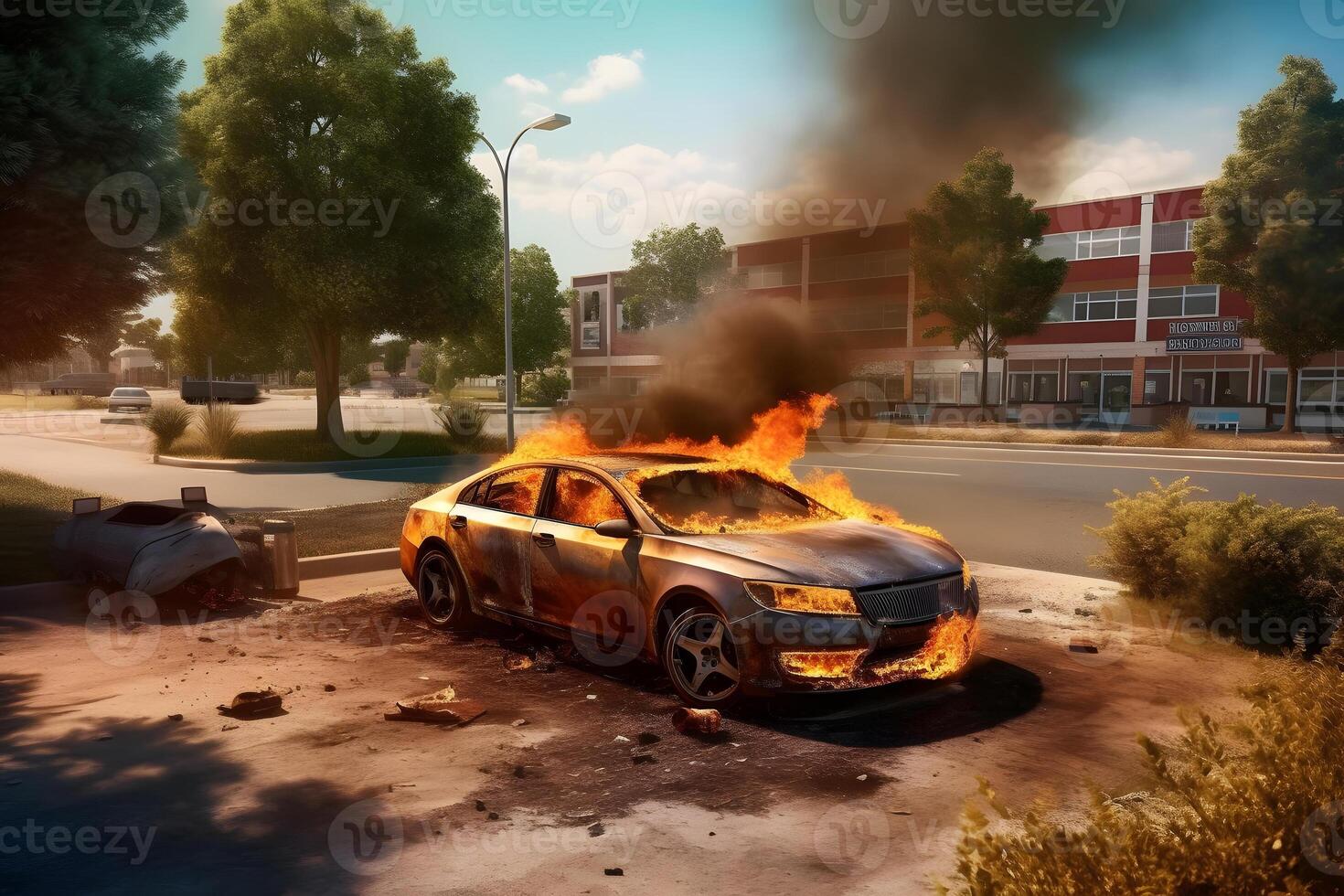 ai generado un coche es en fuego en un estacionamiento lote a verano día, neural red generado imagen foto