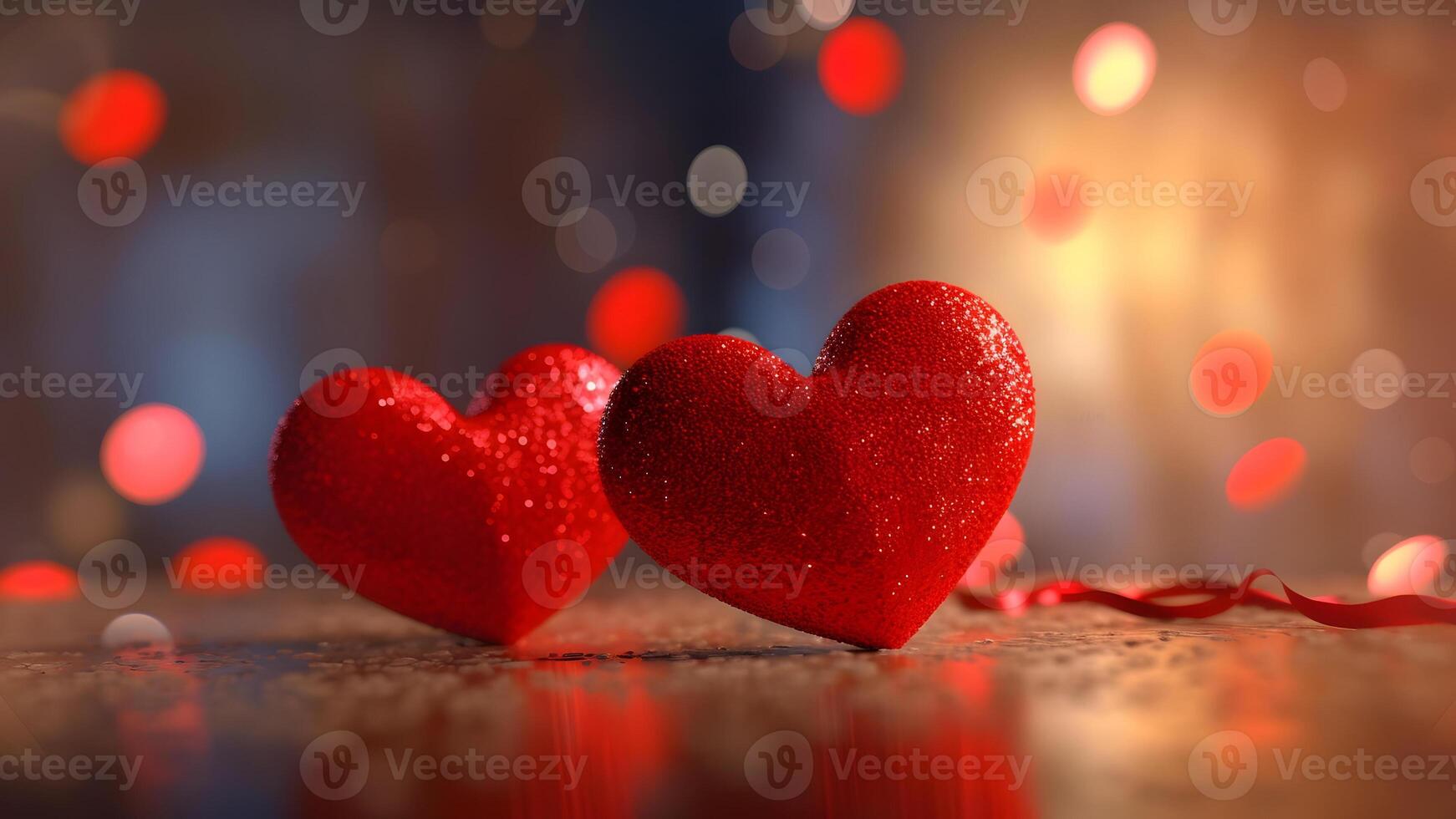 AI generated Saint Valentine day greeting card background with two red hearts against festive bokeh, neural network generated photorealistic image photo