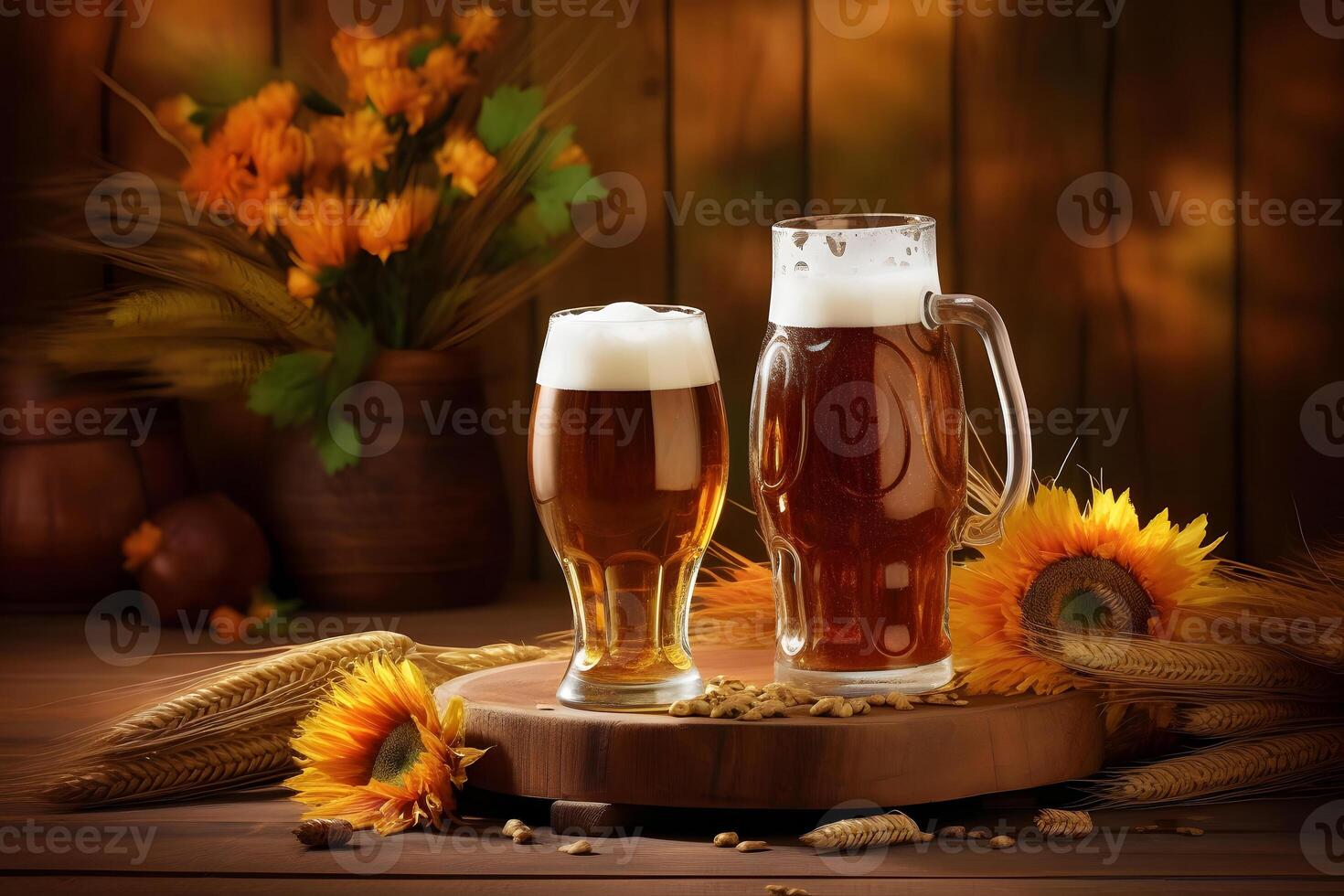 AI generated Oktoberfest beer glasses full of beer with wheat on wooden table, neural network generated photorealistic image photo