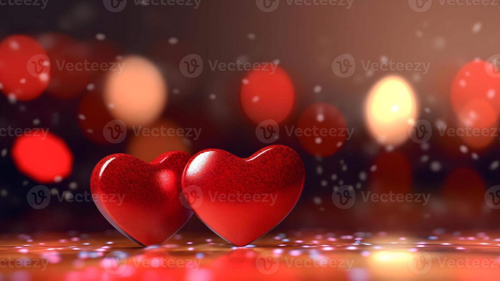 AI generated Saint Valentine day greeting card background with two red hearts against festive bokeh, neural network generated photorealistic image photo