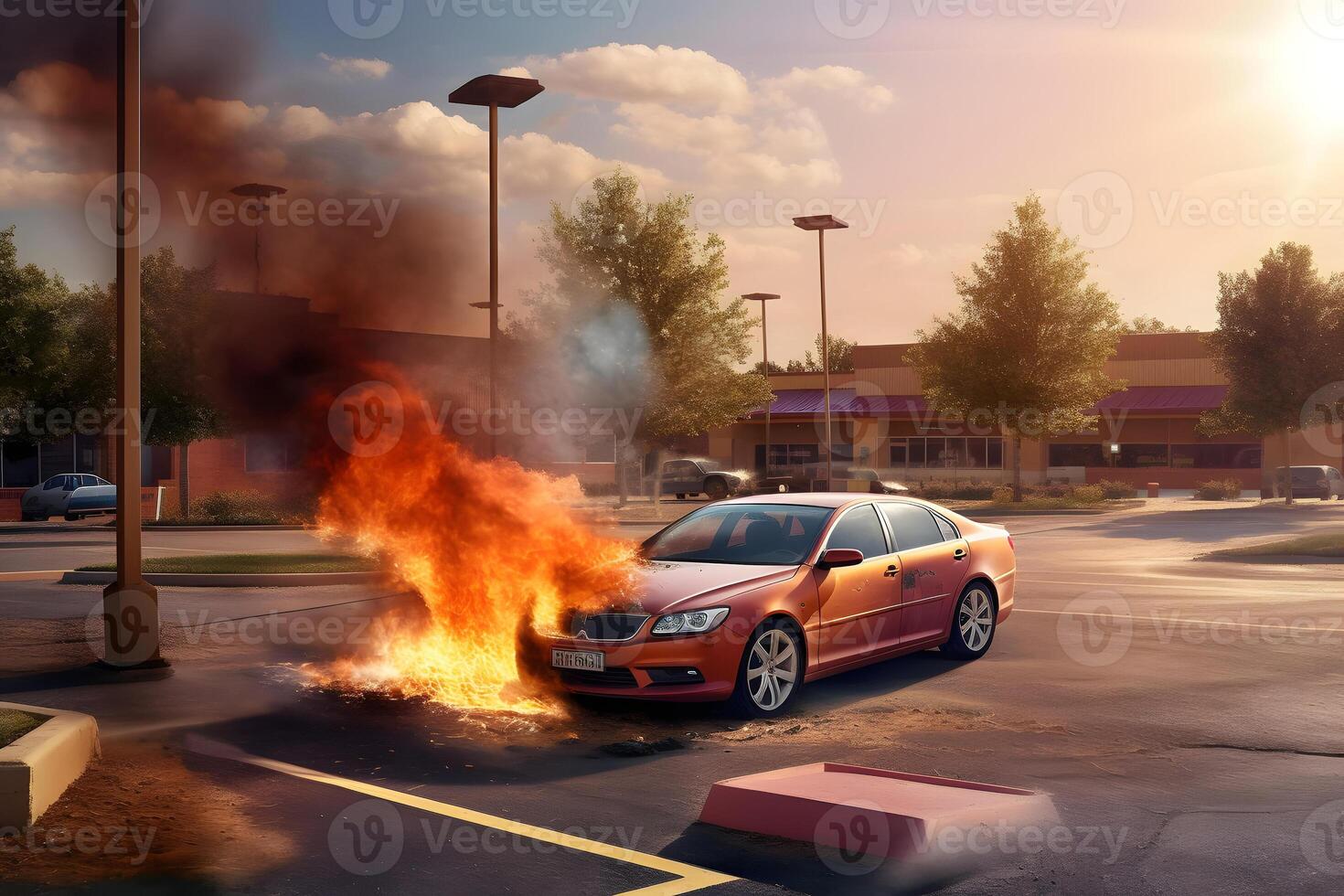 AI generated A car is on fire in a parking lot at summer morning, neural network generated image photo