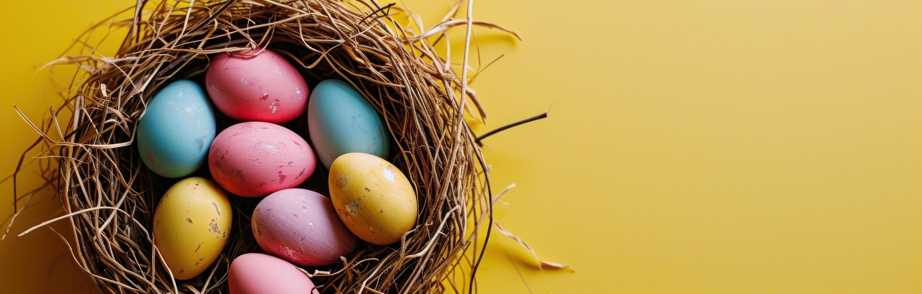 AI generated colorful easter eggs and colorful tulips in easter nest on yellow photo