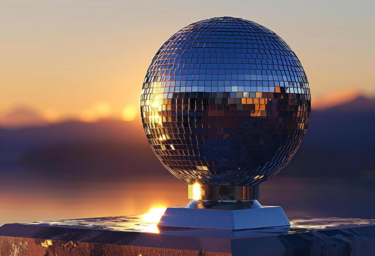 AI generated disco ball standing on ledge with water photo