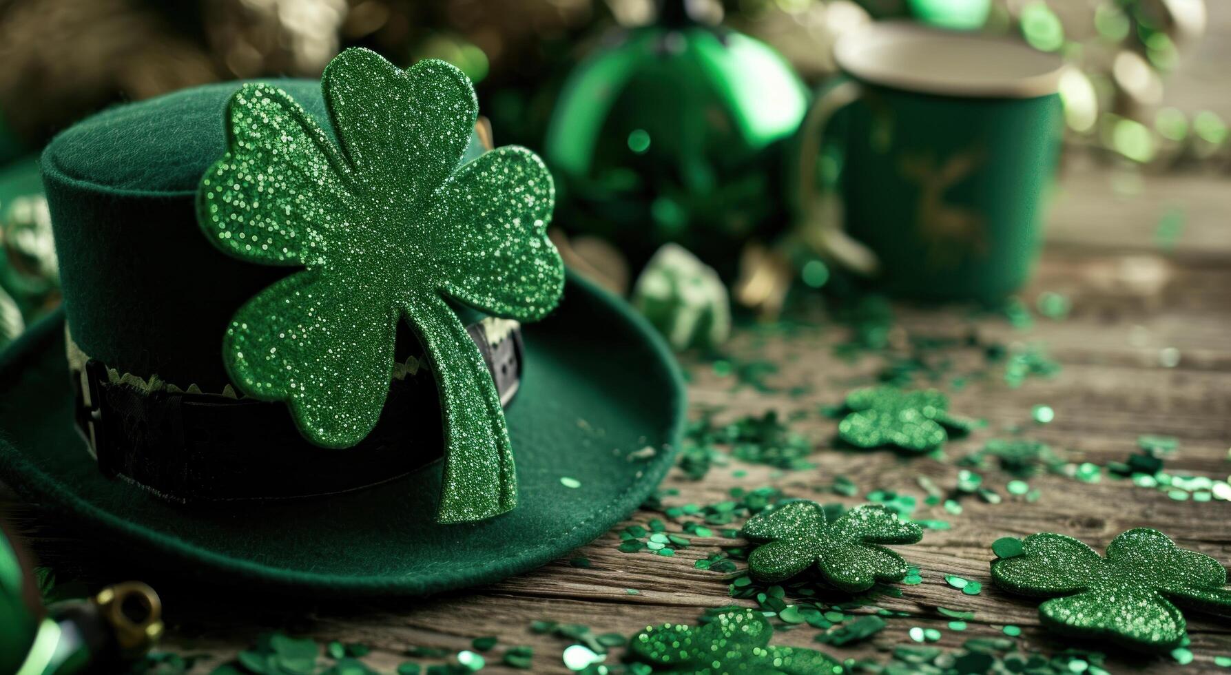 AI generated green shamrock hat and sparkly green accessories photo