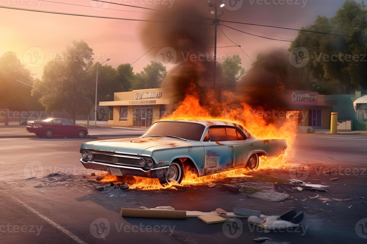AI generated A classic car is on fire in a parking lot at summer evening, neural network generated image photo