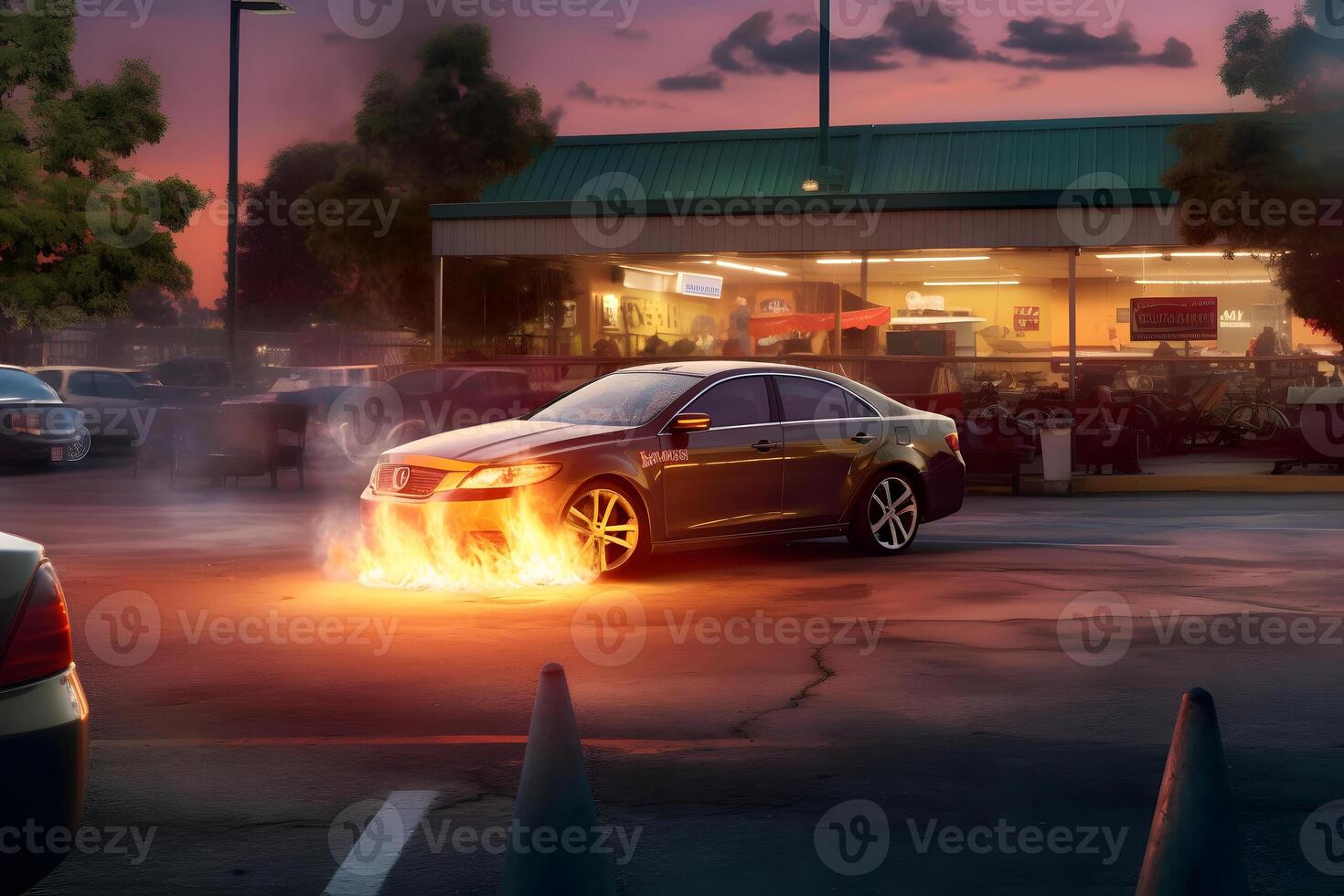 AI generated A car is on fire in a parking lot at summer evening, neural network generated image photo
