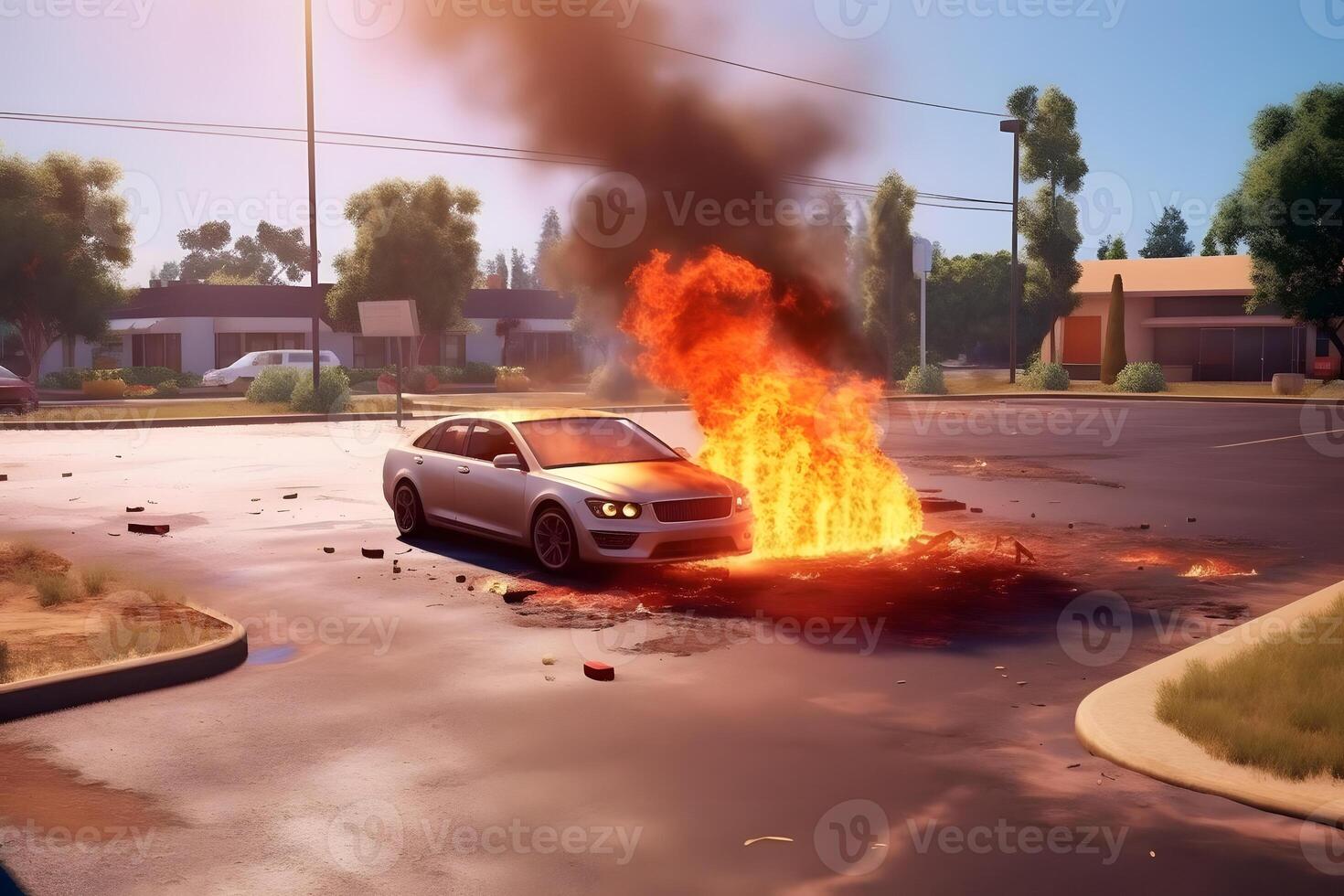 ai generado un coche es en fuego en un estacionamiento lote a verano día, neural red generado imagen foto