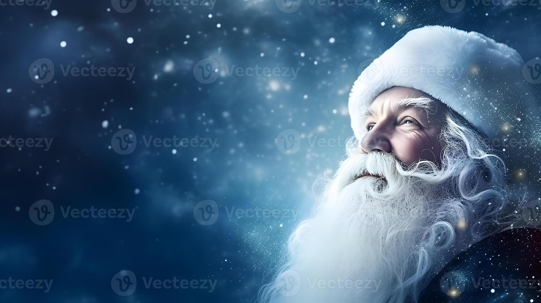 AI generated Santa Claus face closeup with defocused blue glitter bokeh copy space background , neural network generated image photo