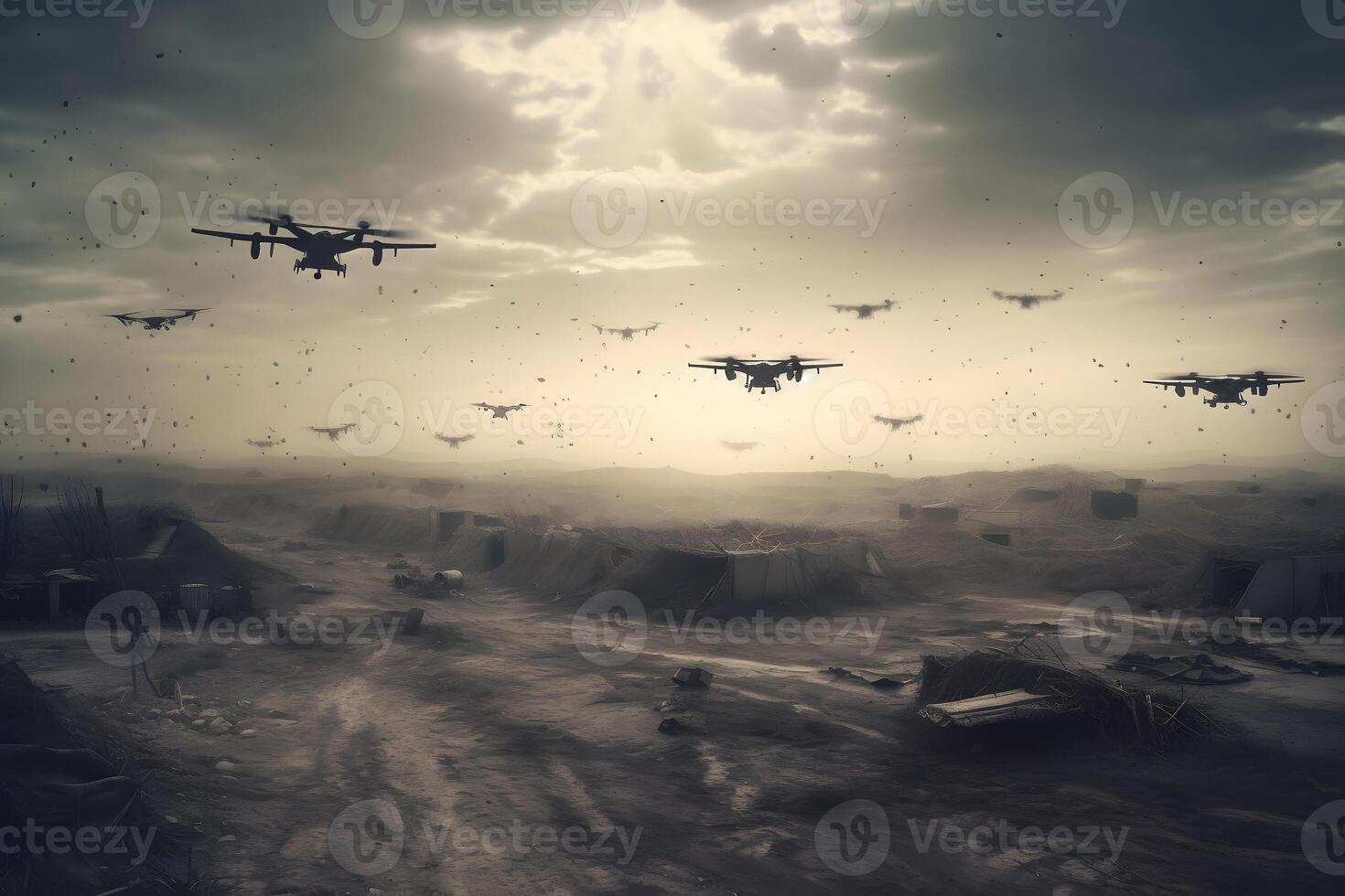 AI generated drone war - many military copter drones above middle-eastern city battlefield at daytime, neural network generated image photo