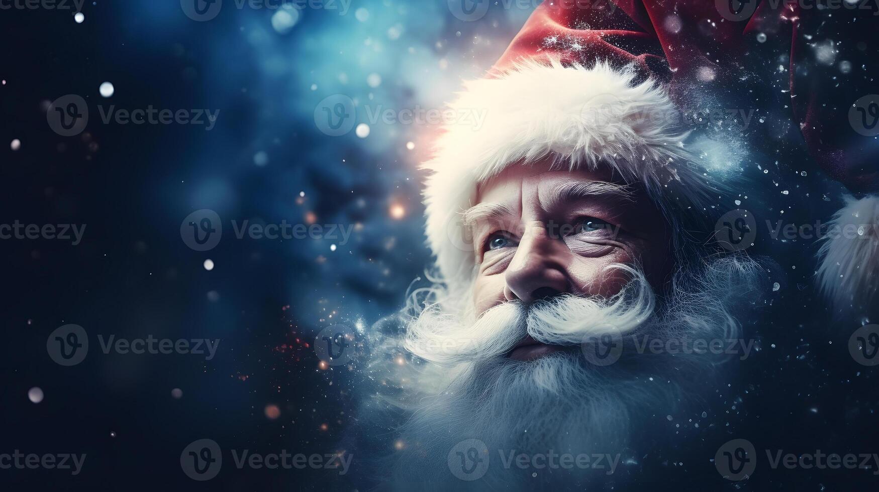 AI generated Santa Claus face closeup with defocused glitter bokeh copy space background , neural network generated image photo