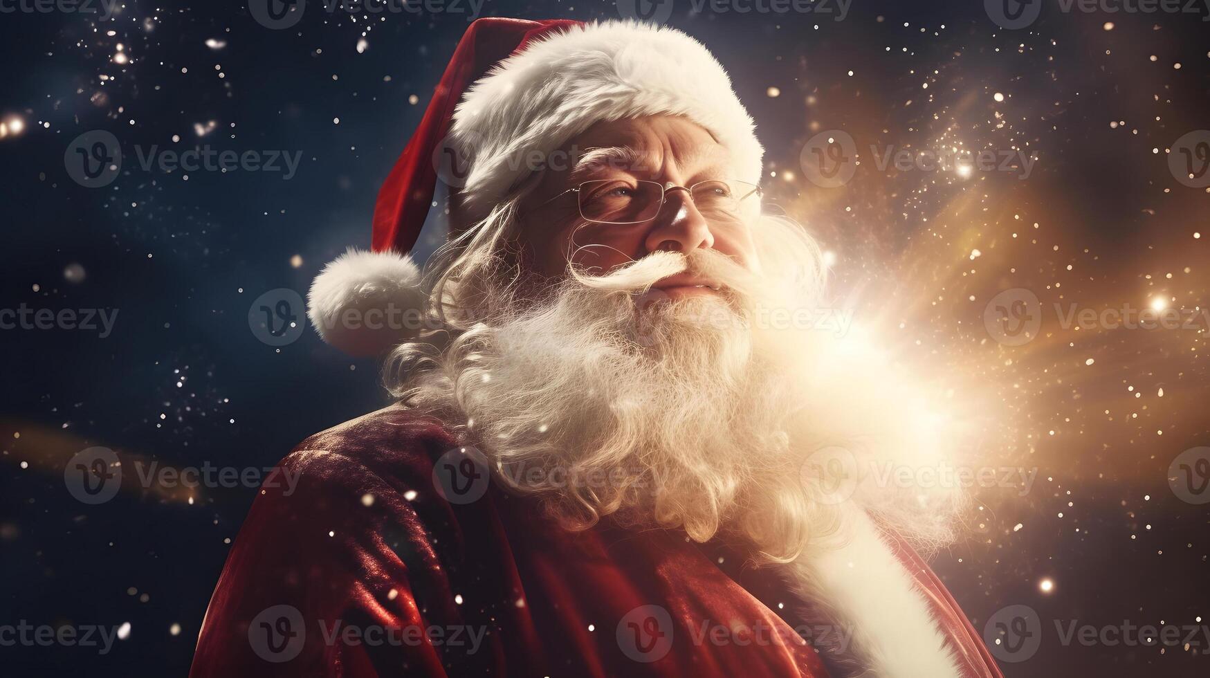 AI generated Santa Claus face closeup with defocused glitter bokeh background , neural network generated image photo