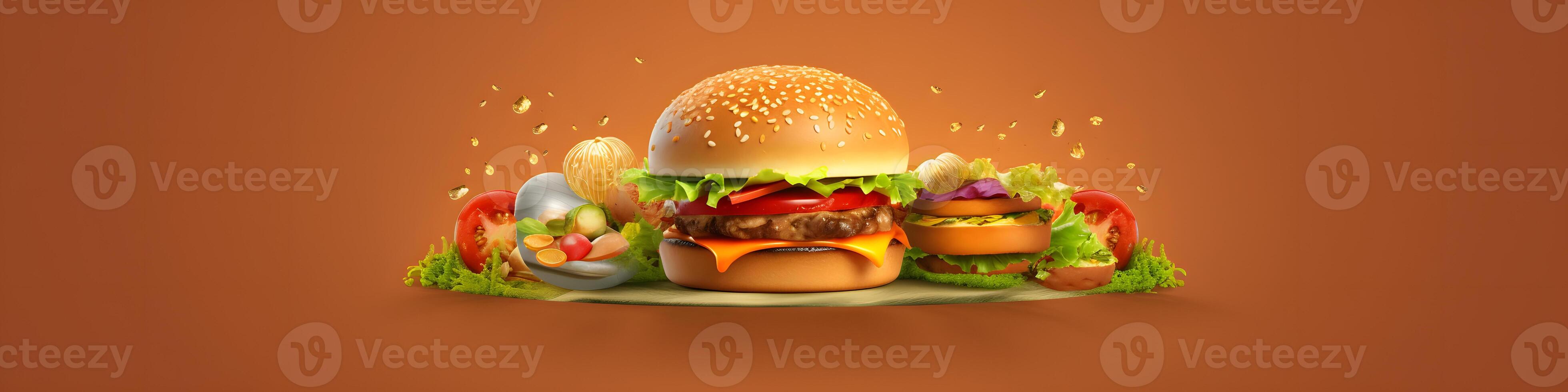 AI generated hamburgers on brown background for header, neural network generated image photo