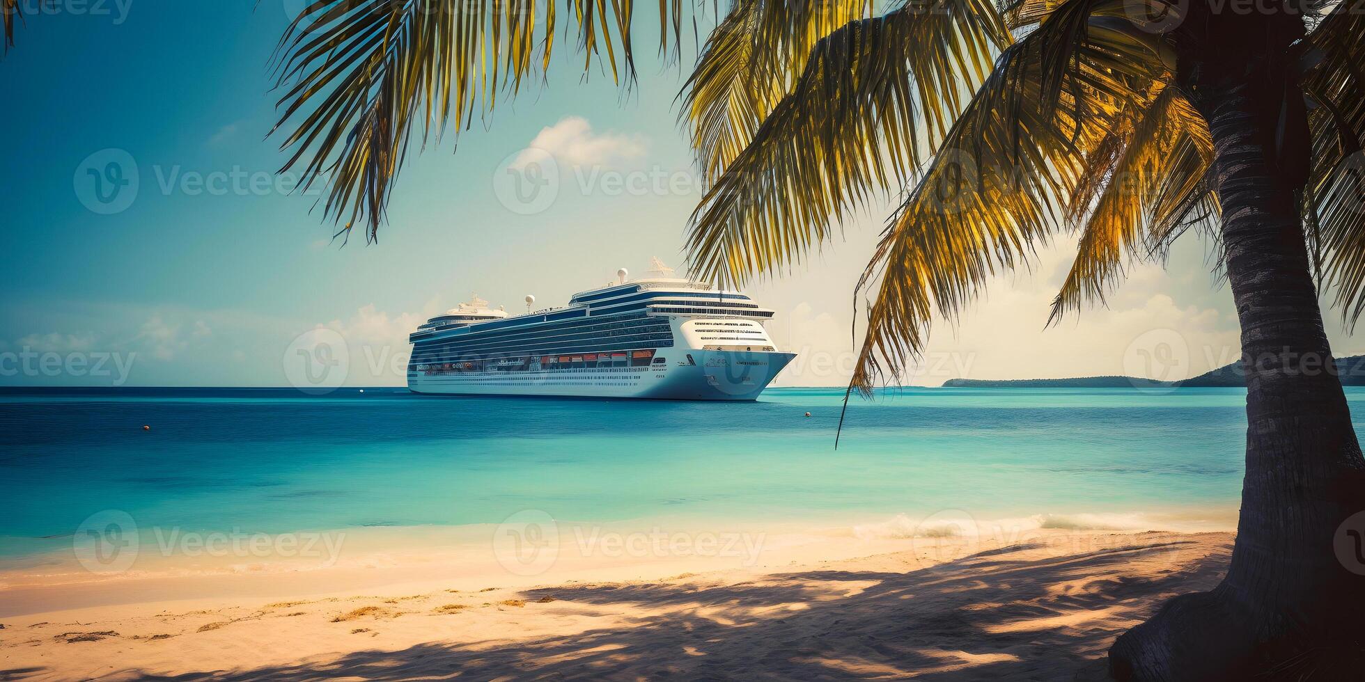 AI generated Large cruise liner in the background with a palm tree on white sand coral beach, neural network generated photorealistic image photo