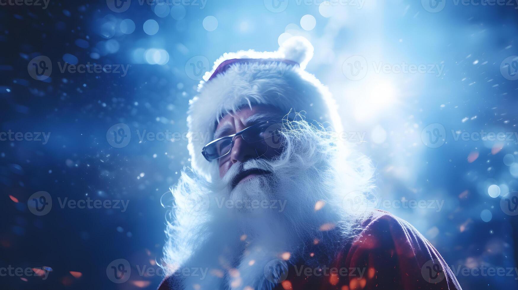AI generated Santa Claus face closeup with defocused glitter bokeh background , neural network generated image photo