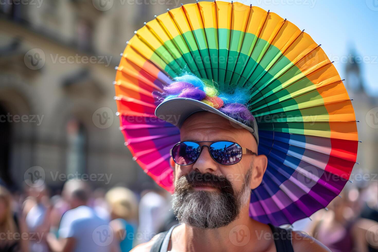 AI generated Adult caucasian man with beard with Colorful rainbow fan on head during gay pride parade in european city at daytime, neural network generated photorealistic image photo