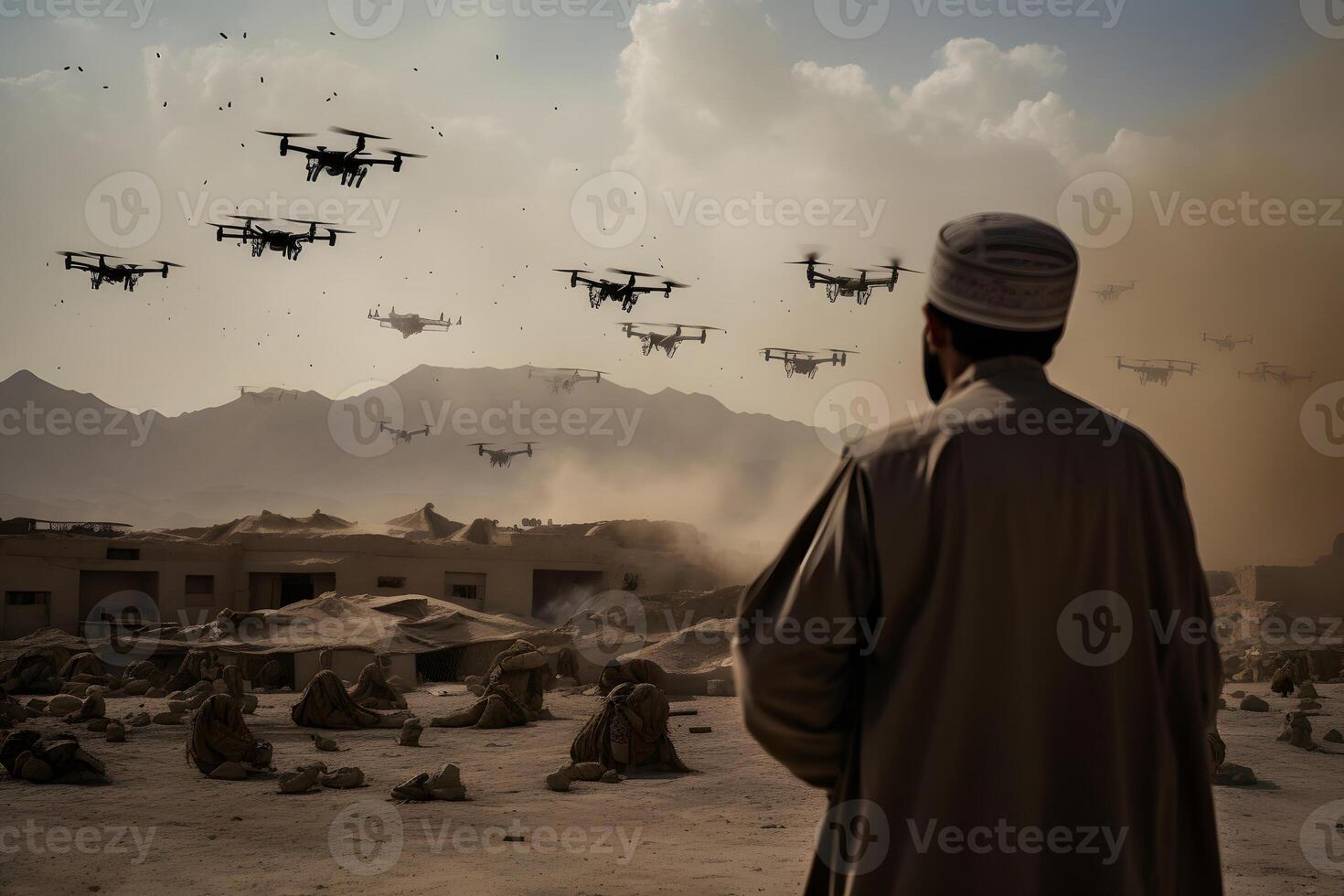 AI generated drone war - many military copter drones above middle-eastern city battlefield at daytime, neural network generated image photo