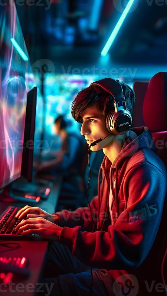 ai generado joven caucásico jugador con auriculares jugando vídeo juegos con computadora y múltiple pantallas iluminado con saturado neón luces, neural red generado fotorrealista imagen foto