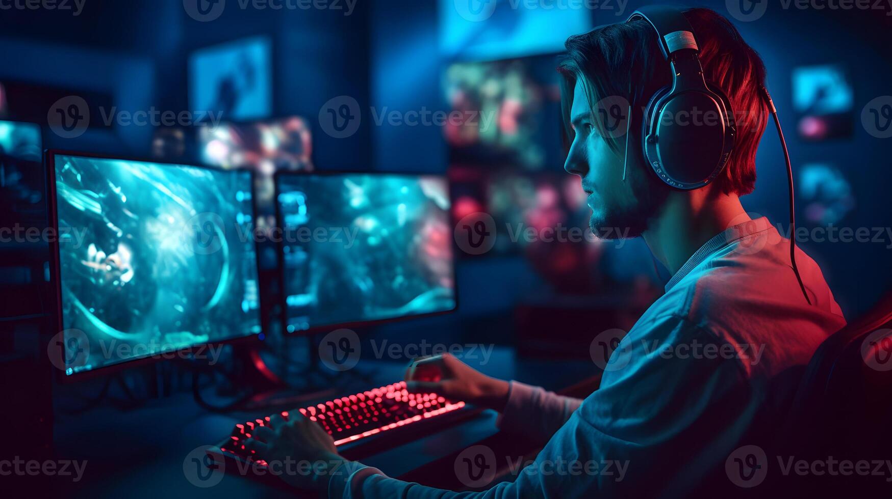 AI generated young caucasian gamer with headset playing video games with computer and multiple screens lit with saturated neon lights, neural network generated photorealistic image photo