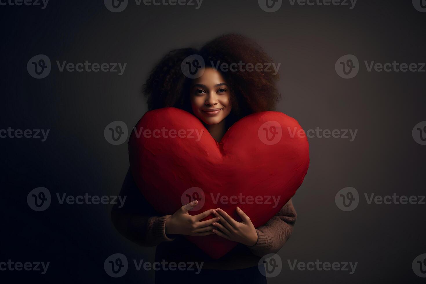 AI generated mixed race woman holding big red heart on gray background, neural network generated photorealistic image photo