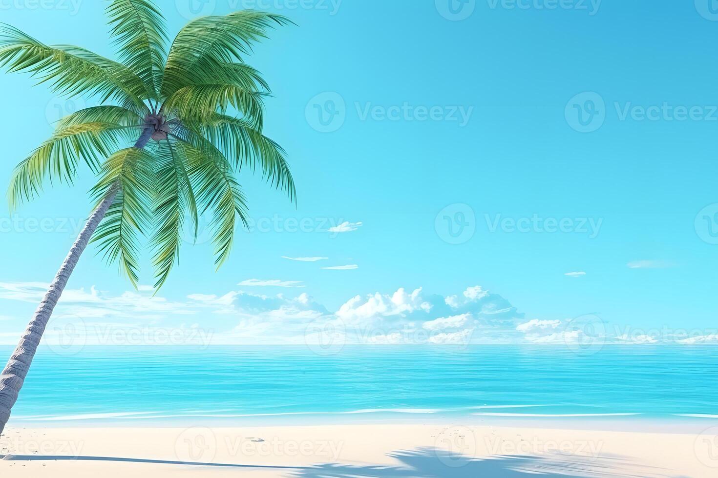 AI generated tropical beach view at sunny day with white sand, turquoise water and palm tree, neural network generated image photo