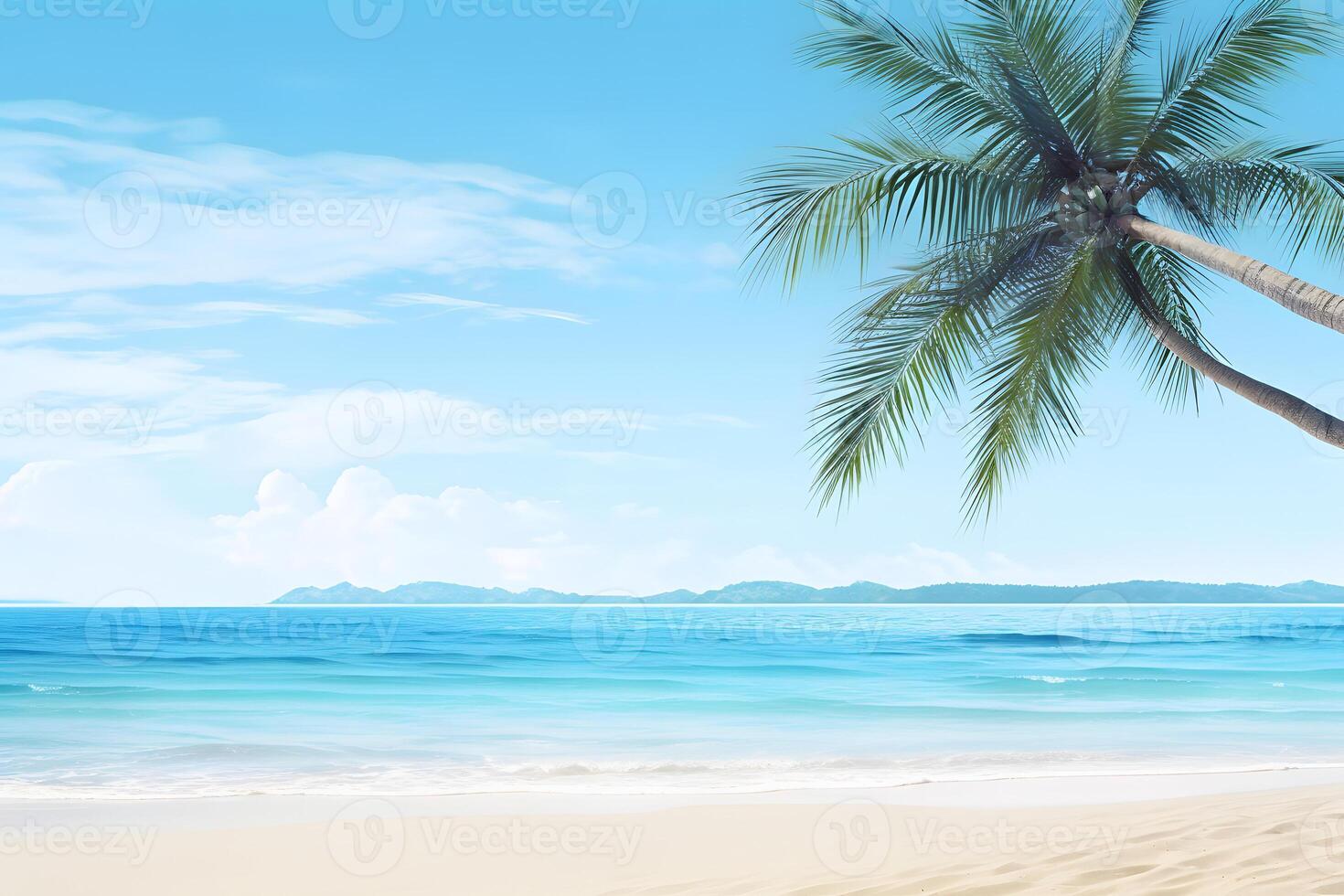 AI generated tropical beach view at sunny day with white sand, turquoise water and palm tree, neural network generated image photo