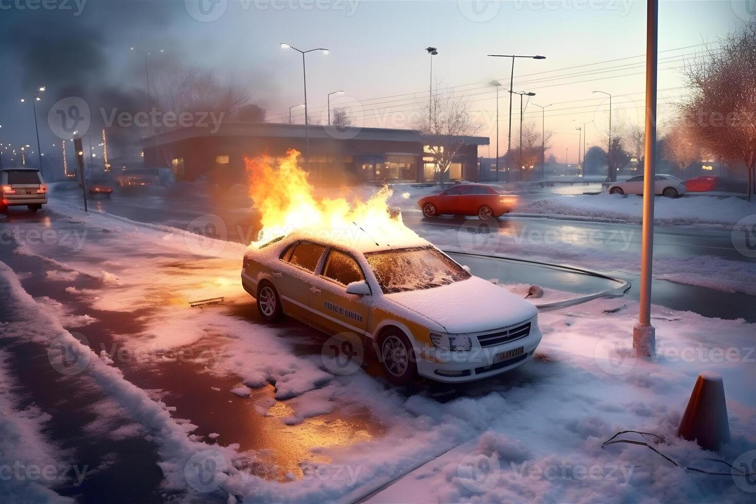 AI generated A car is on fire in a parking lot at snowy winter morning, neural network generated image photo
