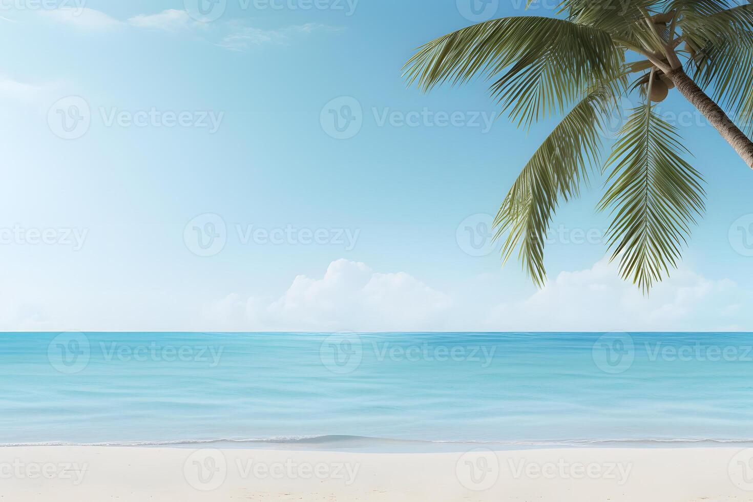 AI generated tropical beach view at sunny day with white sand, turquoise water and palm tree, neural network generated image photo