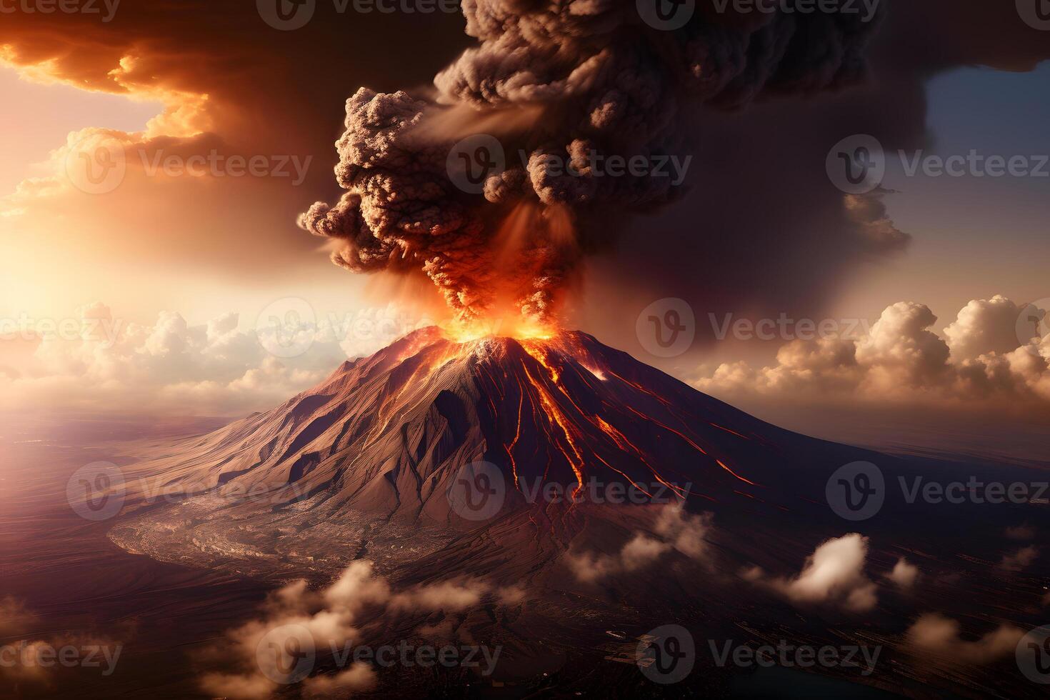 AI generated generic volcano eruption at day time, neural network generated image photo
