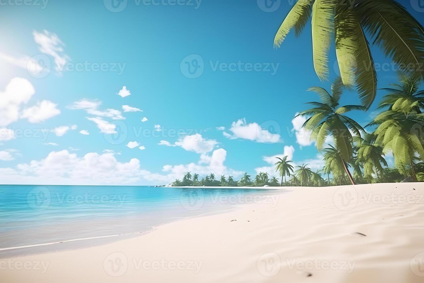 AI generated tropical beach view at sunny day with white sand, turquoise water and palm tree, neural network generated image photo