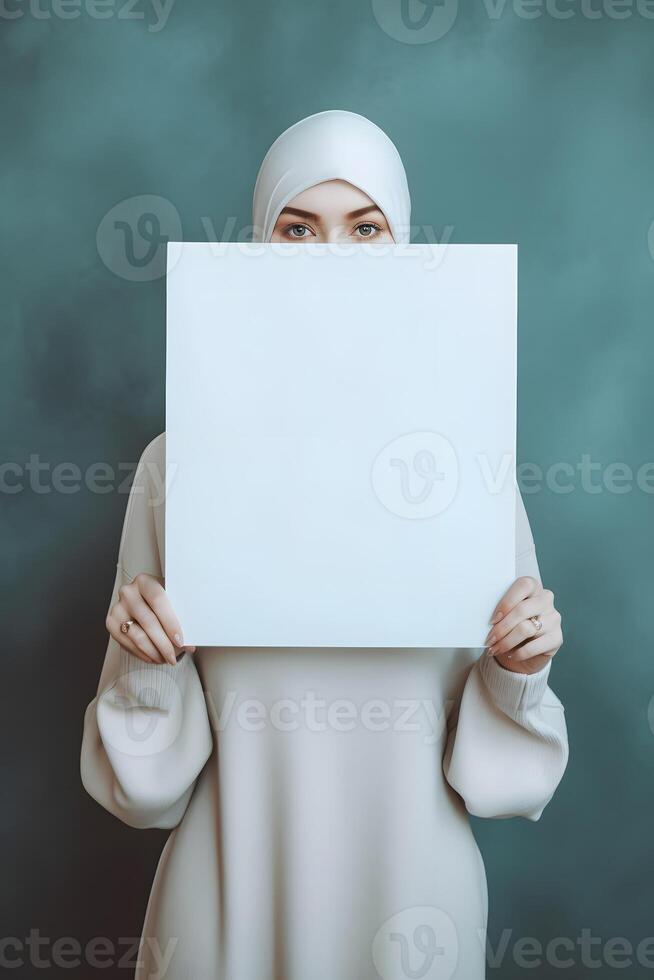 AI generated woman holding a blank sheet of paper on blue background, neural network generated photorealistic image photo