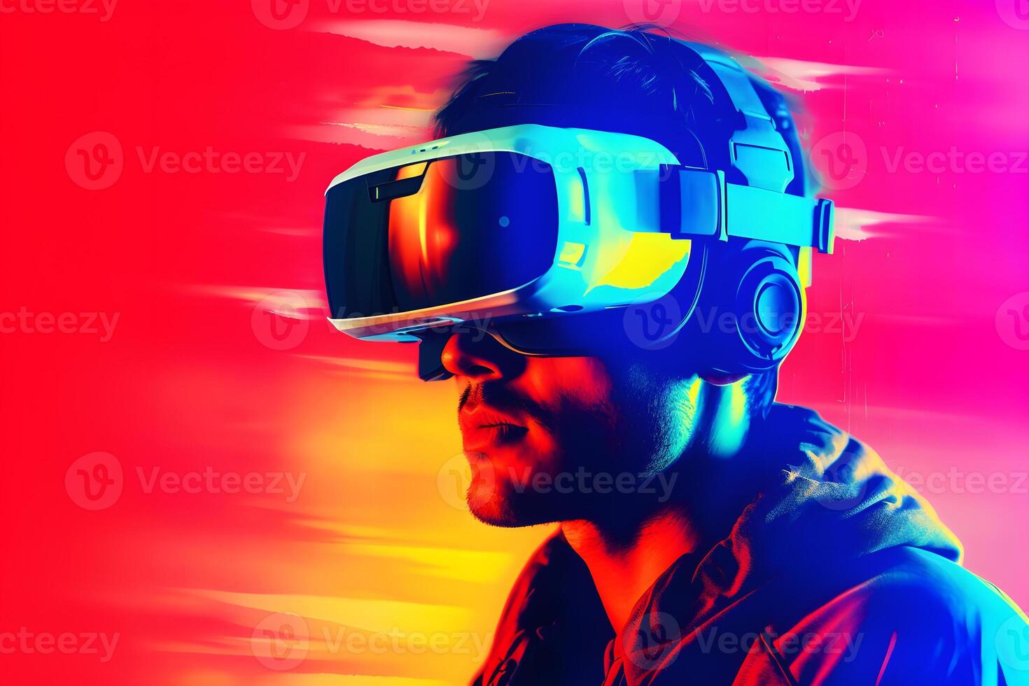 AI generated Man is using virtual reality headset, head and shoulders portrait on colorful background, neural network generated photorealistic image photo
