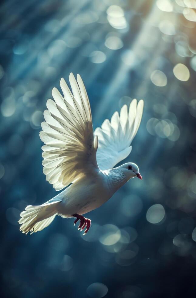 AI generated white dove flying free in a light evening photo