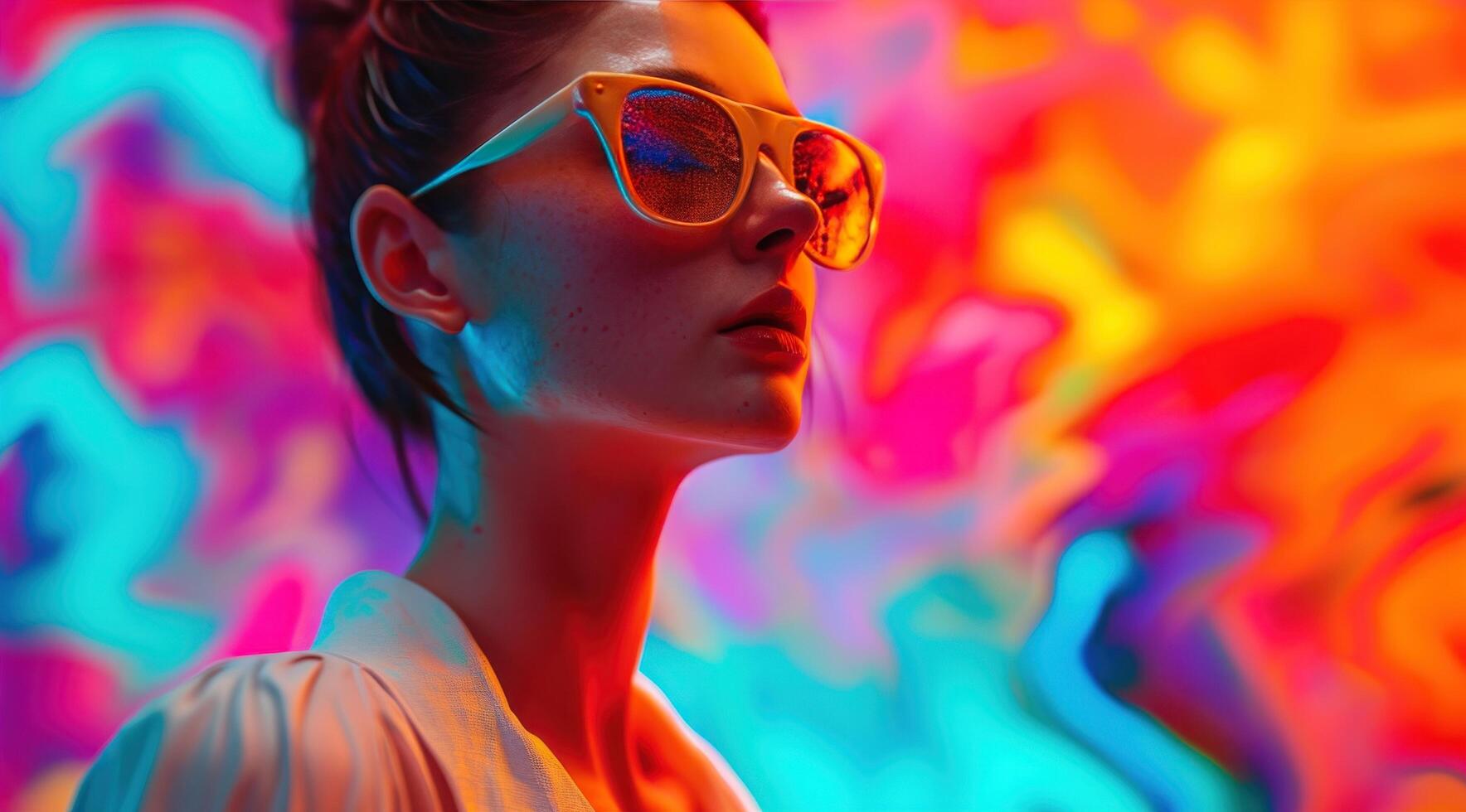 AI generated woman standing on a colorful background wearing colorful sunglasses photo