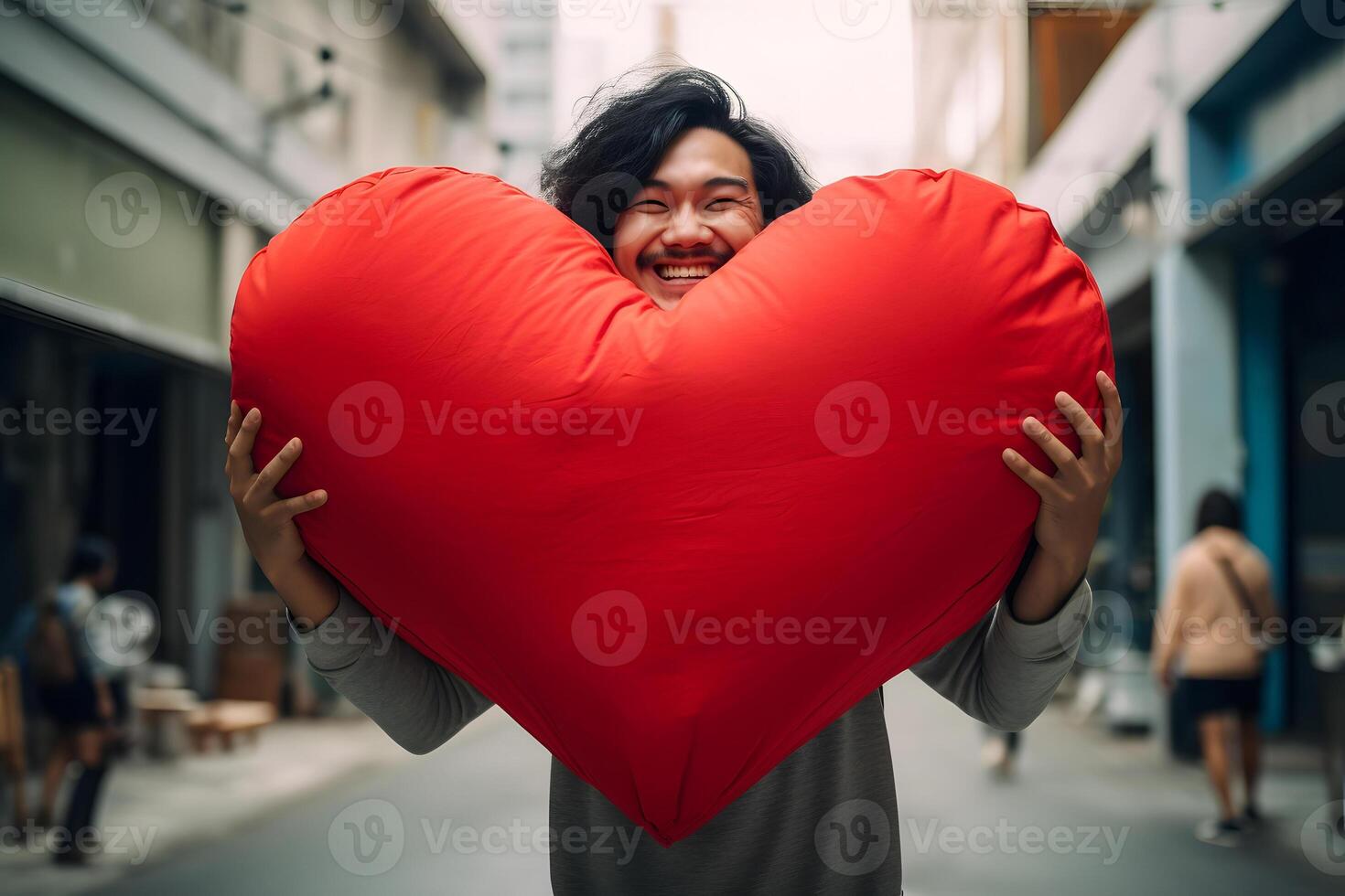 ai generado sonriente asiático hombre participación grande rojo corazón en el calle a día tiempo, neural red generado fotorrealista imagen foto