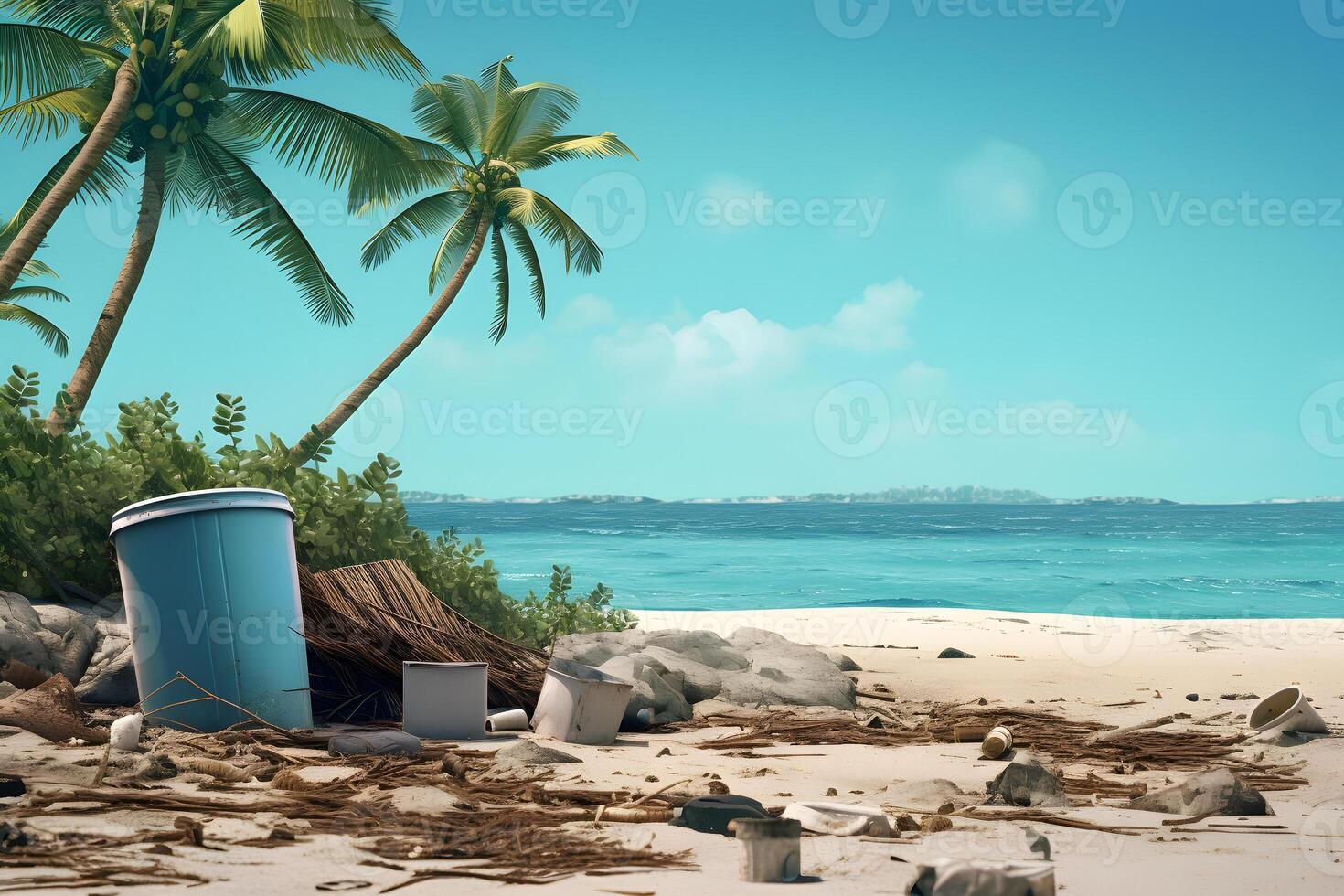 AI generated trash on tropical beach view at sunny day with white sand, turquoise water and palm tree, neural network generated photorealistic image photo