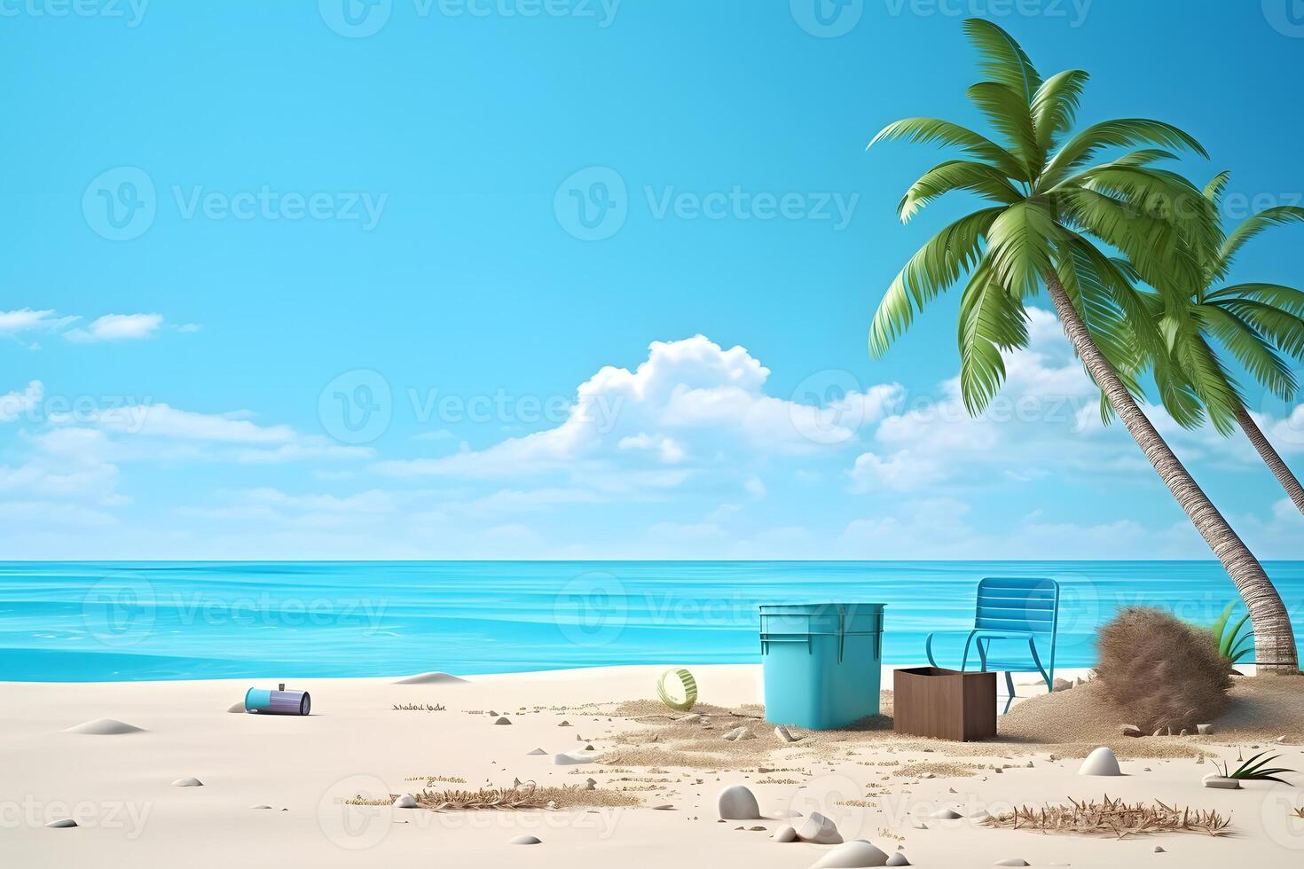 AI generated trash on tropical beach view at sunny day with white sand, turquoise water and palm tree, neural network generated photorealistic image photo