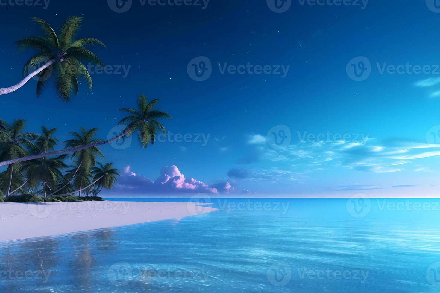 AI generated tropical beach view with white sand, turquoise water and palm tree, neural network generated image photo