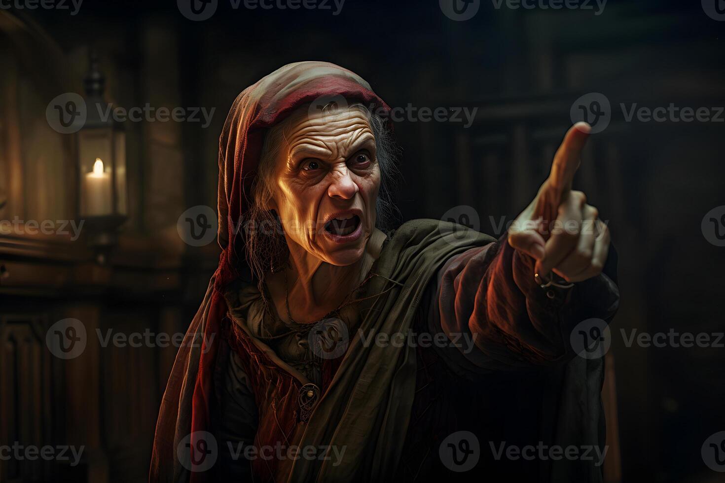 AI generated Medieval woman points finger at you, neural network generated image photo