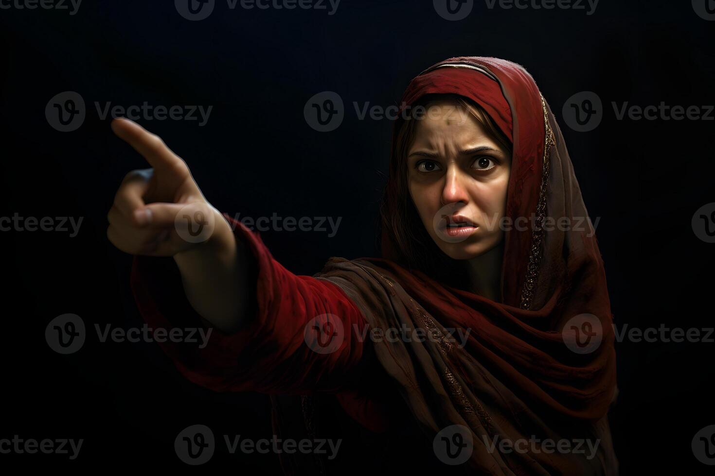 AI generated Medieval young adult eastern woman points finger at you, neural network generated image photo