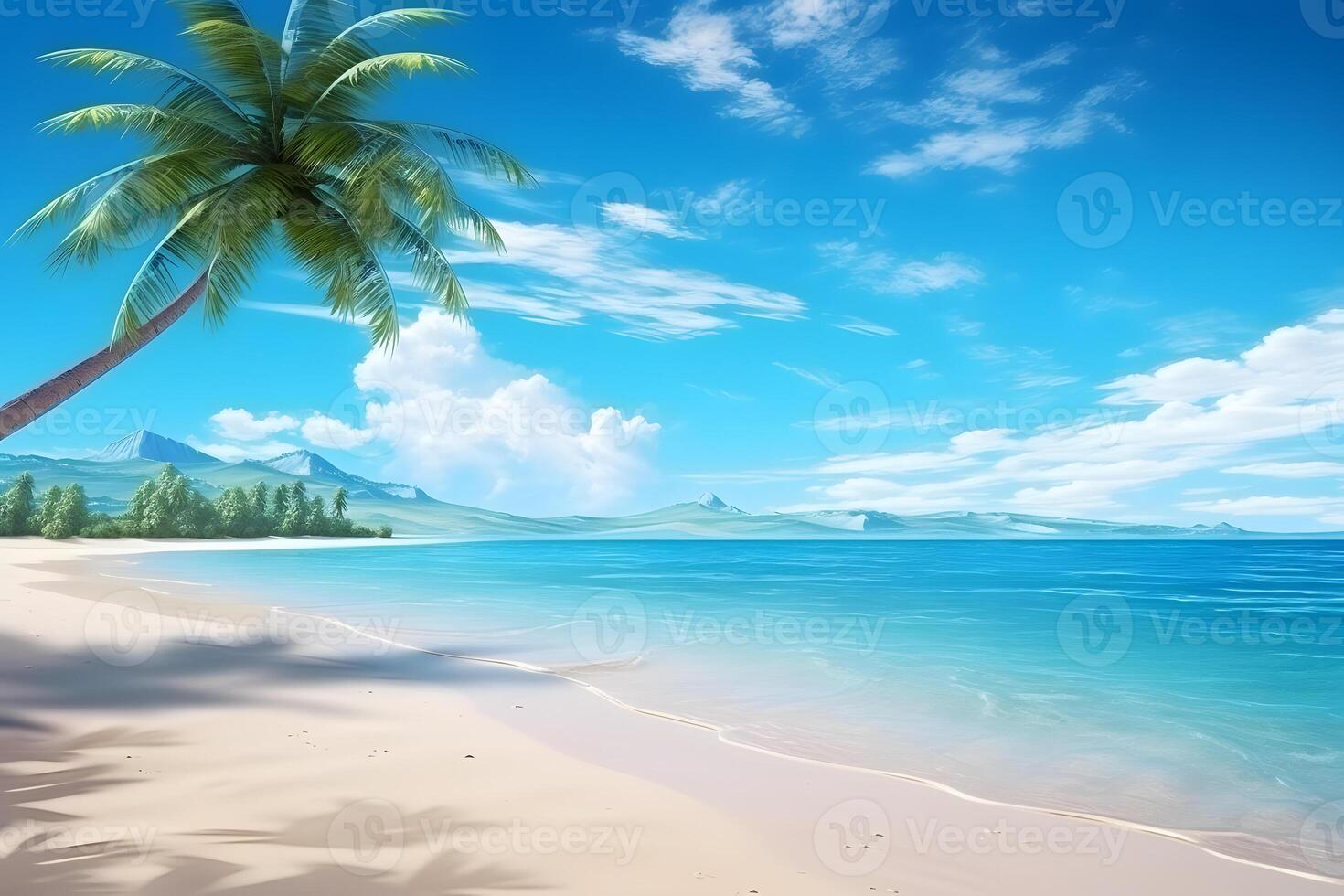 AI generated tropical beach view at sunny day with white sand, turquoise water and palm tree, neural network generated image photo