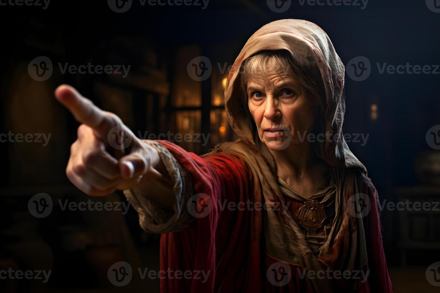 AI generated Medieval woman points finger, neural network generated image photo