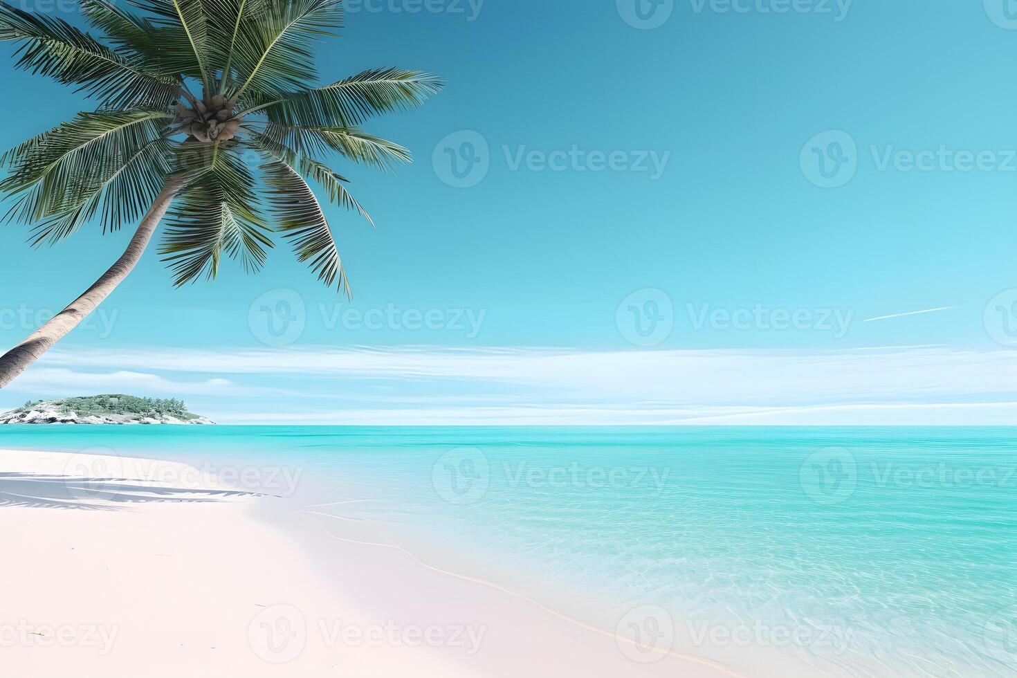 AI generated tropical beach view at sunny day with white sand, turquoise water and palm tree, neural network generated image photo