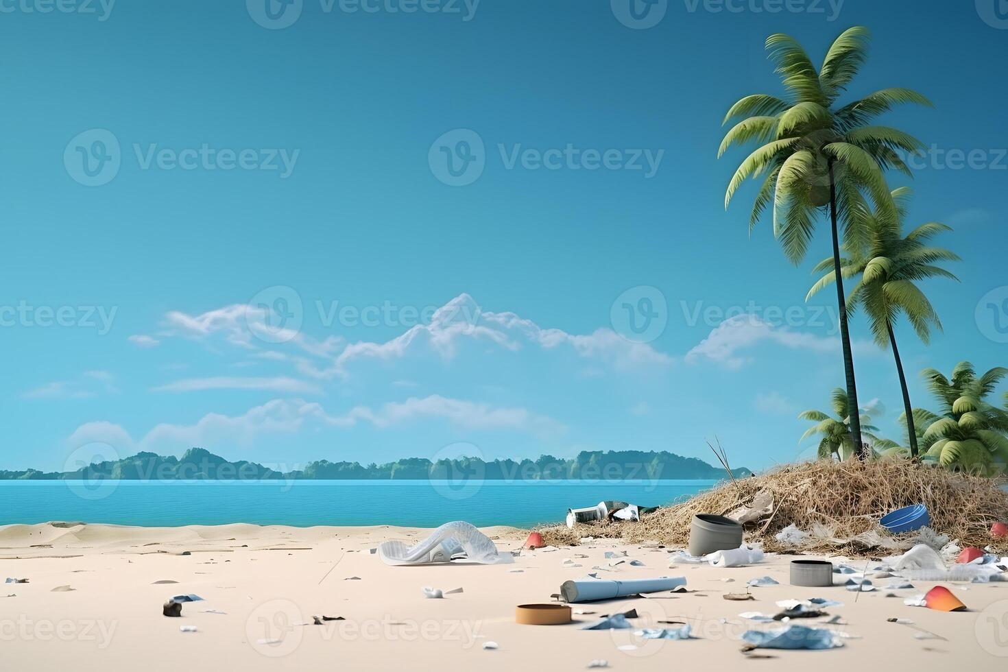 AI generated trash on tropical beach view at sunny day with white sand, turquoise water and palm tree, neural network generated photorealistic image photo